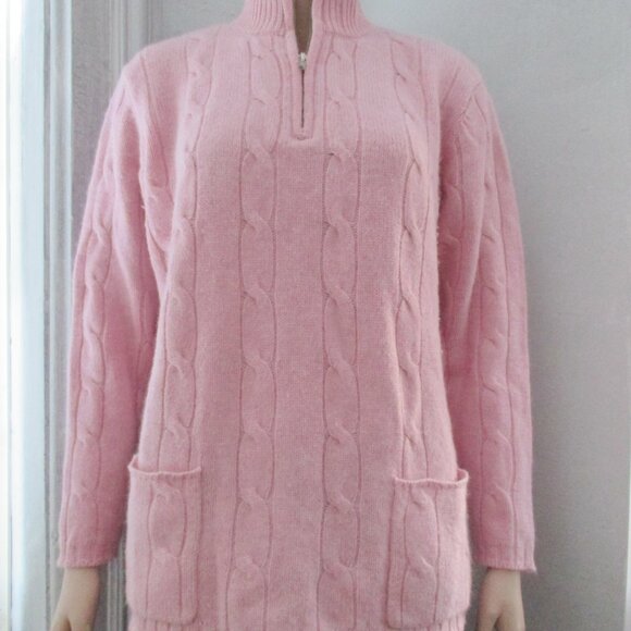 Wool Angora Pink Cable Knit Half Zip Pullover Sweater Mock Neck w/ Pockets - Picture 11 of 11
